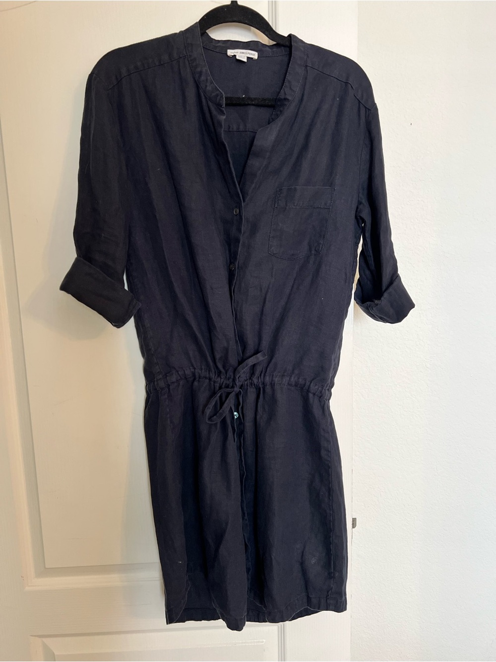 James Perse Linen Navy Long-Sleeve Drawstring Shirt Dress